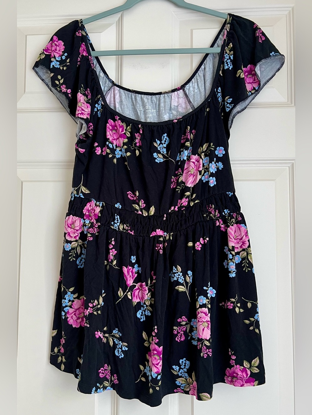 Torrid Black Floral Tiered Top with Pink & Blue Blooms